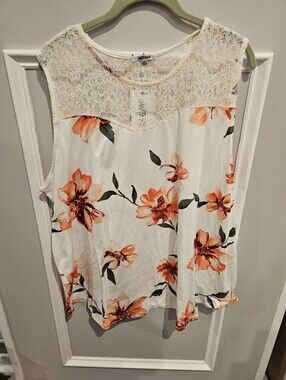 Notebuk cream, peach, orange & green floral sleeveless shirt with Lace. Size 3XL